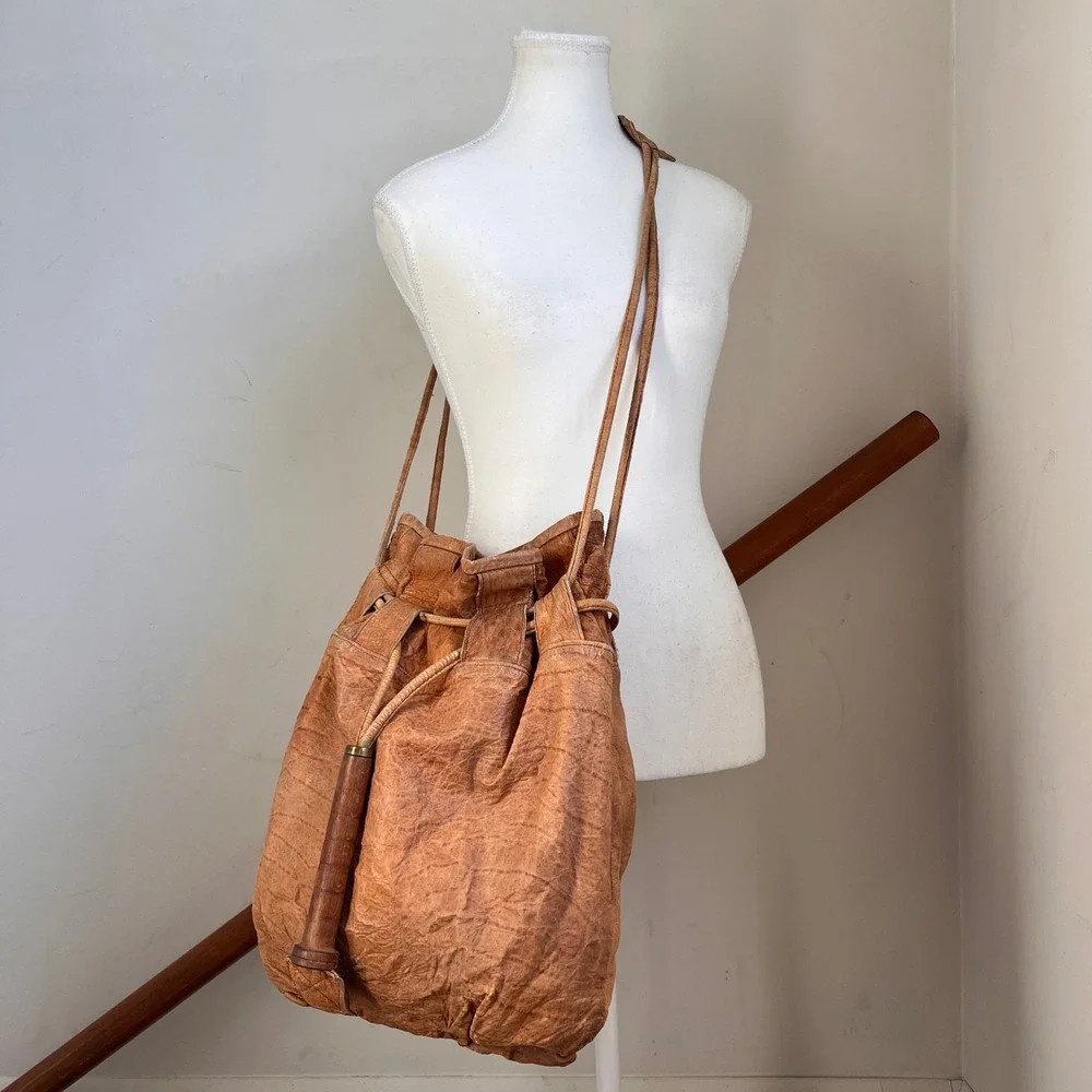 Vintage Susan Riedweg Leather Bucket Bag Large Brown Handmade Hobo Drawstring